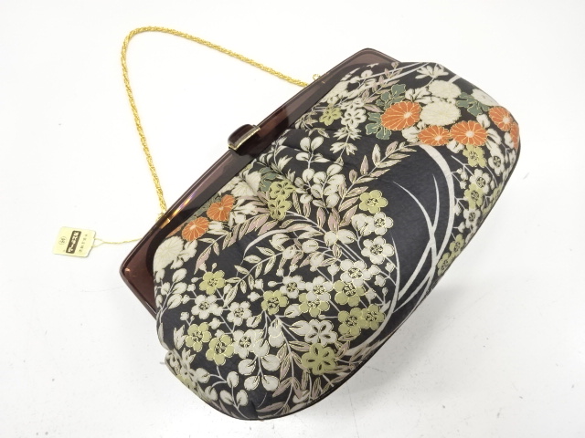 本革　友禅染　草花模様　和装バッグ